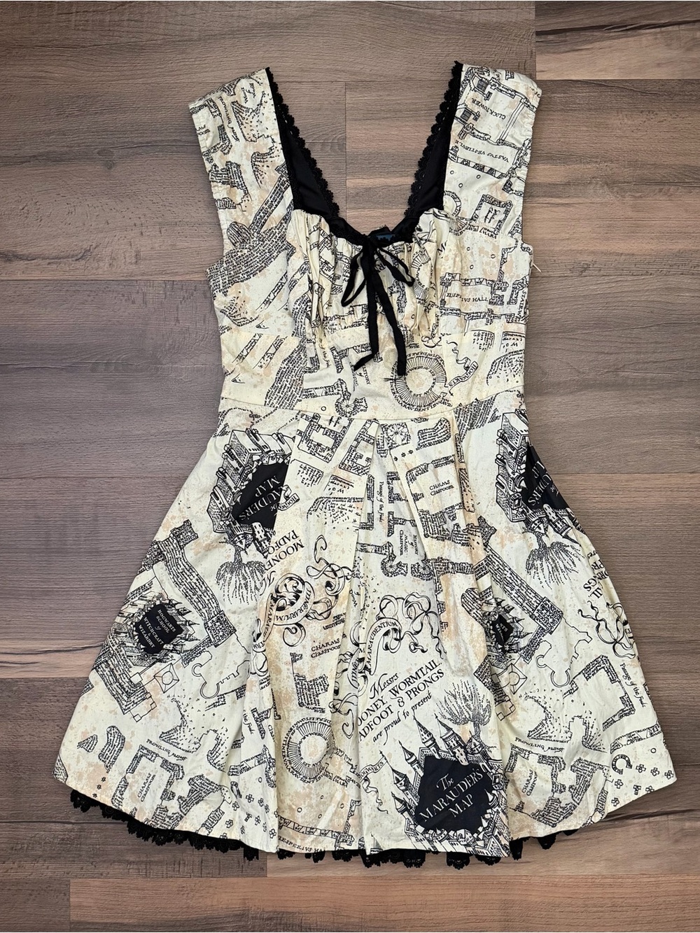 Harry Potter Marauder's Map Corset Back Square Neck Fit & Flare Dress Size M